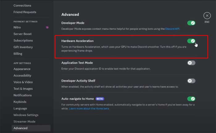 Discord でのハードウェア アクセラレーションの無効化/有効化