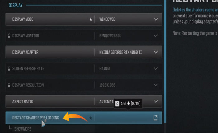 シェーダーのプリロードを再起動します