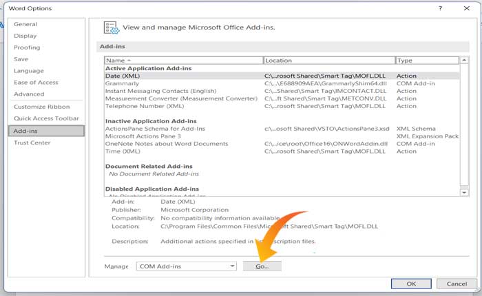 Word に文法的に表示されない