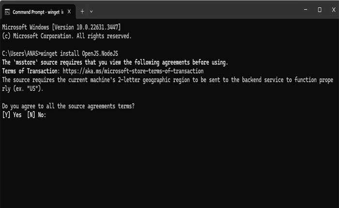 Winget を使用して Node.js をインストールする方法