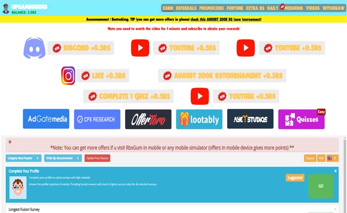 無料の Robux 収益サイト Rbxgum