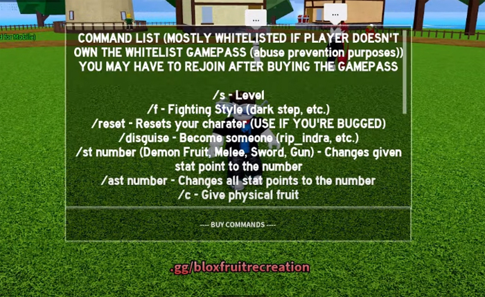 Blox Fruits Recreationでコマンドを取得して使用します
