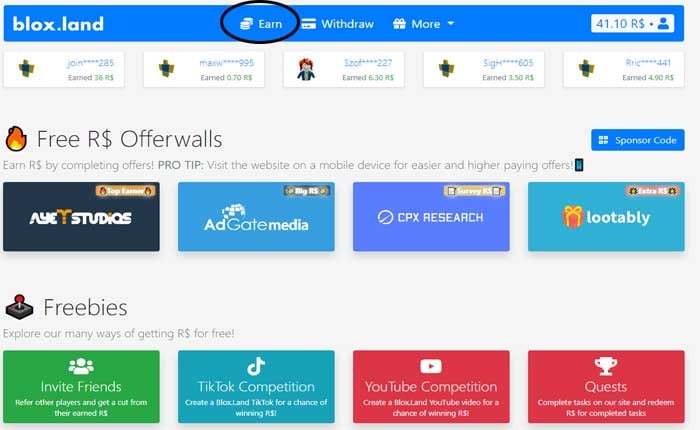 無料の Robux 収益サイト Bloxland