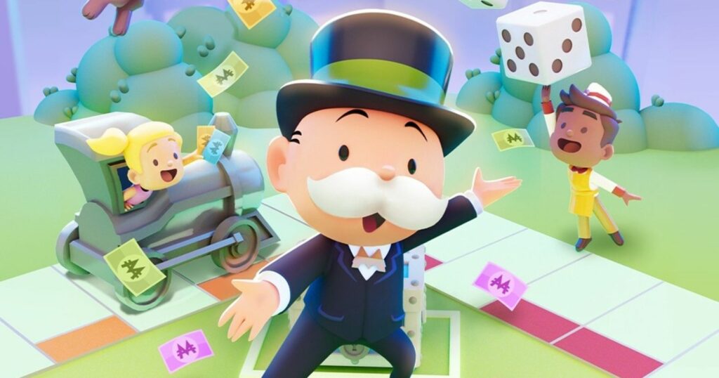 Mr M with two dice in Monopoly Go