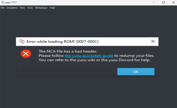 NCA ファイルに不正なヘッダー エラーがある