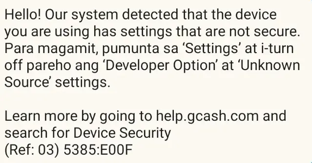 GCASHの開発者モードをオフにします