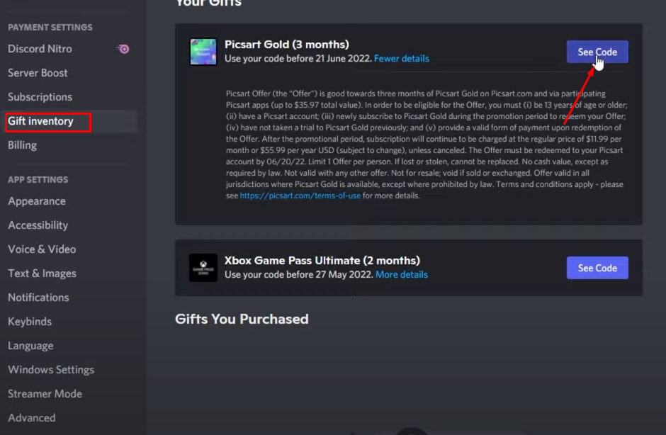 Picsart Gold Nitroコード