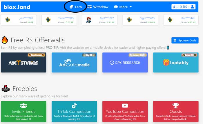 無料の Robux 収益サイト Bloxland